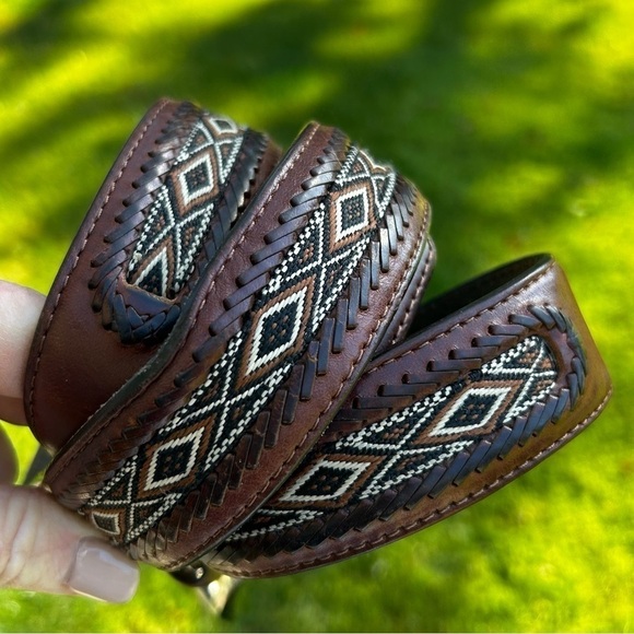 BRIGHTON Leather Belt with Woven Aztec / Western Design | Size 40” - Picture 4 of 9